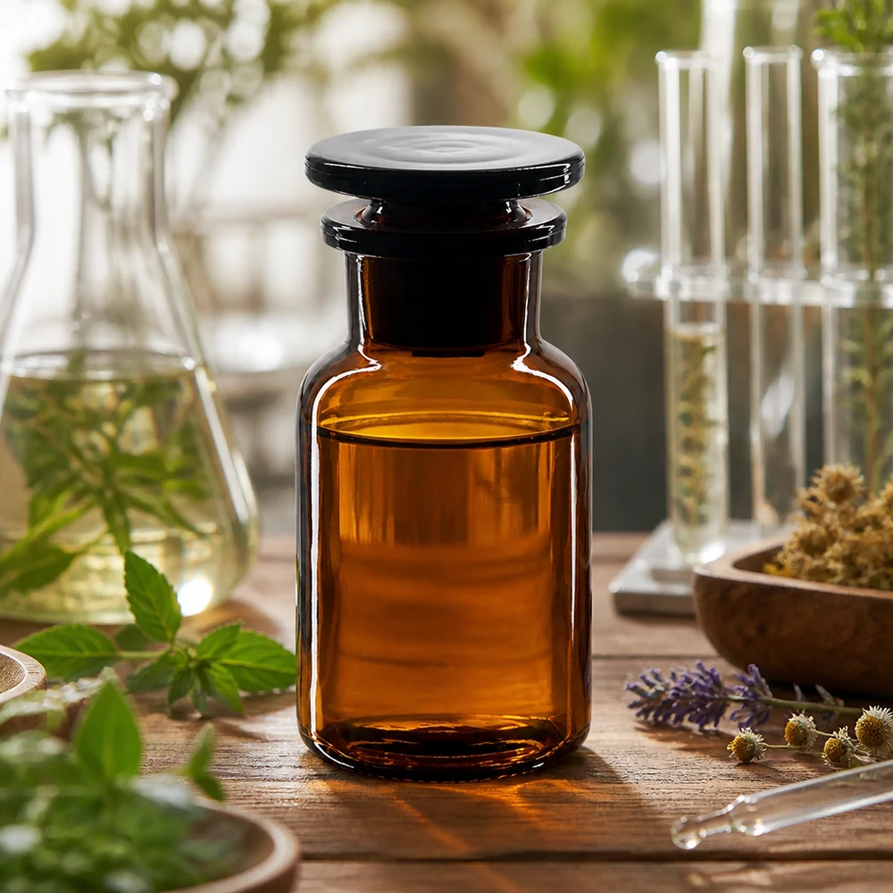 Rundschulterflasche 100ml Braunglas Weithals mit Glasstopfen für professionellen Labor- und Pharmaeinsatz