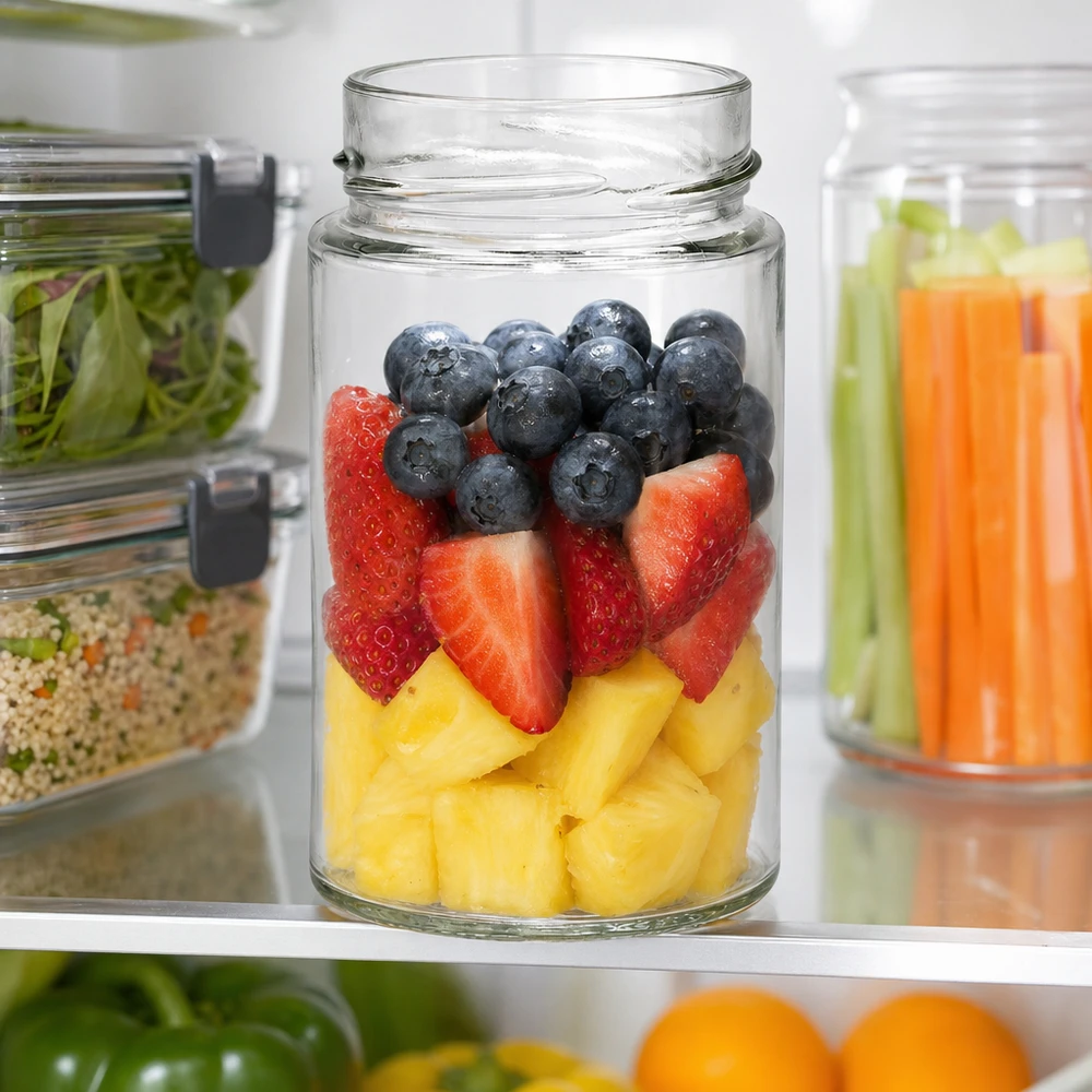 245ml Rundglas ohne Deckel (TO58deep) UNiTWIST UNiTWIST Runda245 Rundglas 245ml mit frischen Früchten Beeren im Kühlschrank Vorratsglas TO58deep Deckel