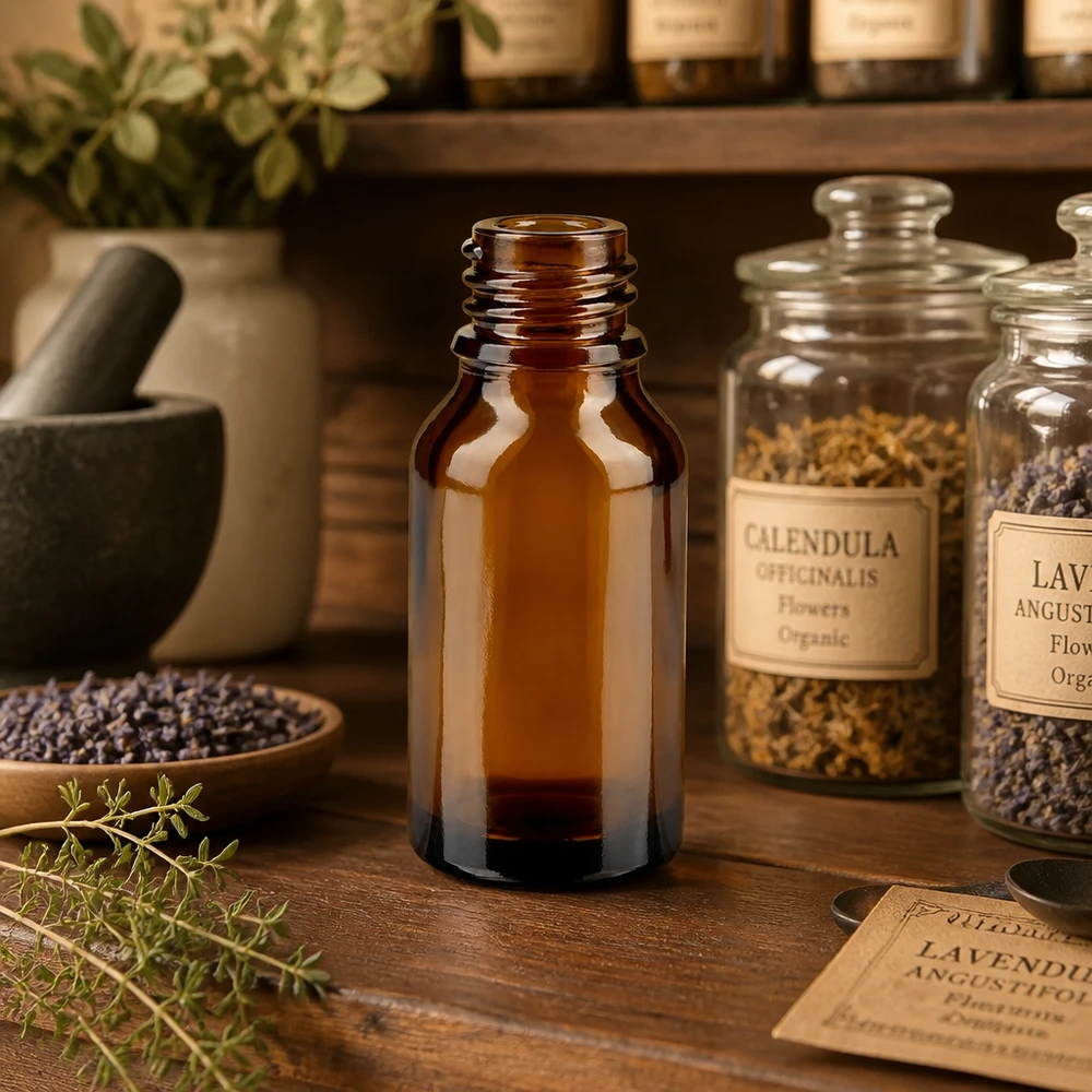 Tropfflasche 15 ml DIN 18 Braunglas 15ml braune Apothekenflasche ApoGlas in authentischer Kräuterapotheke mit Calendula Lavendel und Heilpflanzen Gläsern