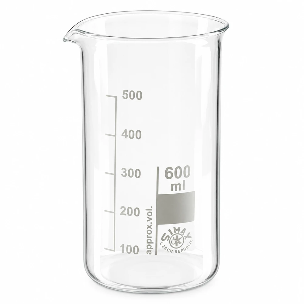 Becherglas 600ml Borosilikatglas, hohe Form Becherglas 600 ml hohe Form aus Borosilikatglas mit Skala für professionellen Laboreinsatz von Simax