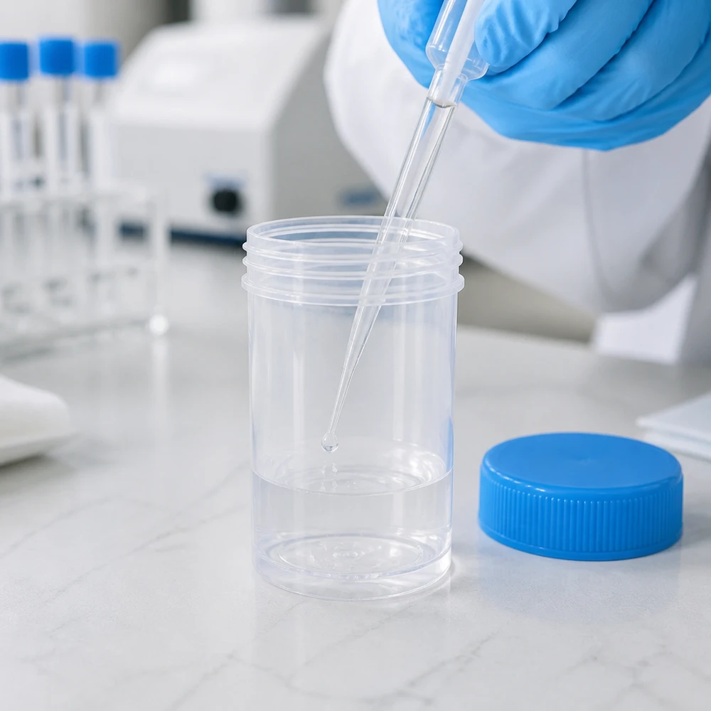 Laborant befüllt 35ml Universal Kunststoffdose Pathogefäß mit Pipette im medizinischen Labor