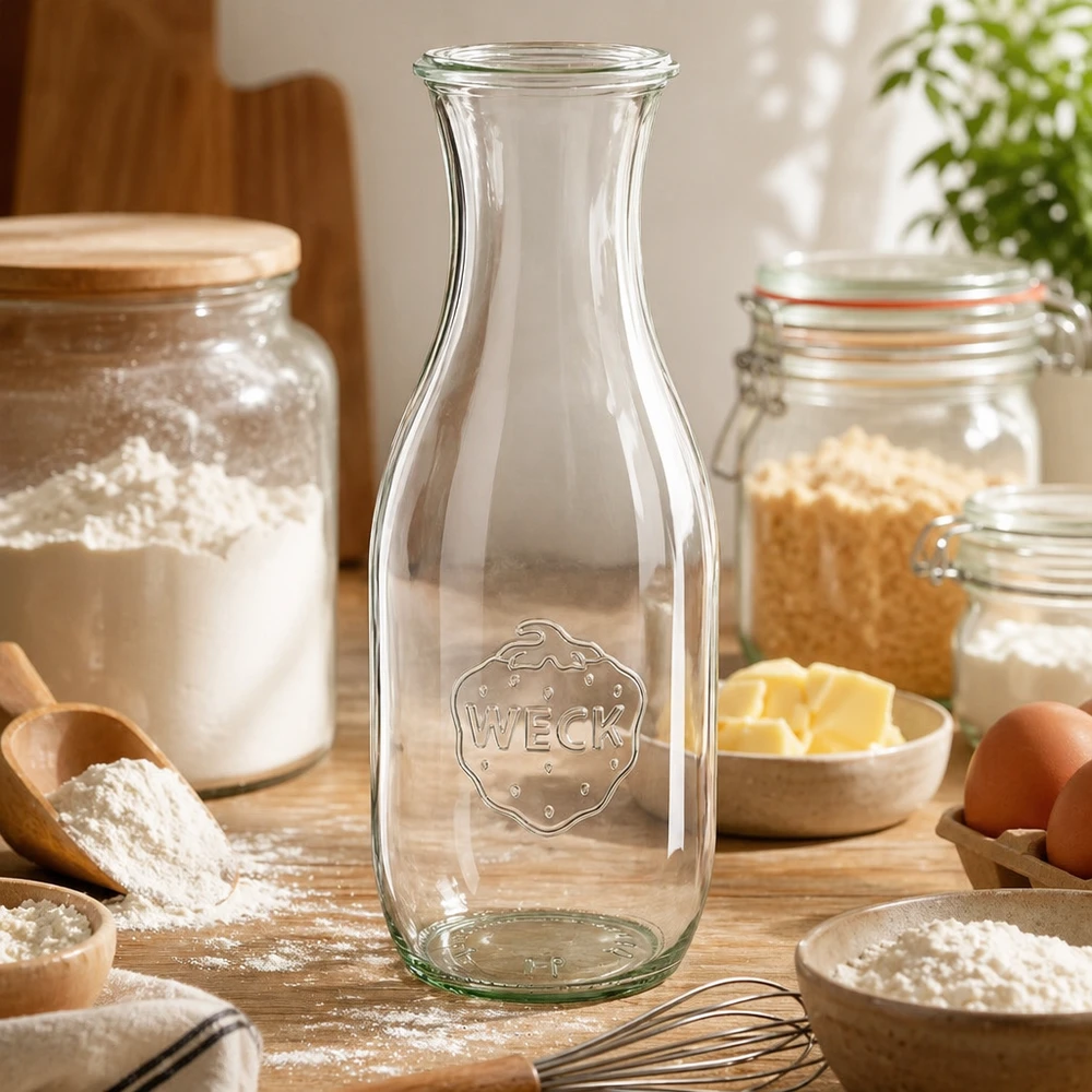 1062ml Saftflasche WECK RR60 WECK Saftflasche 1062ml RR60 in Backküche mit Mehl Eiern Butter und Backzutaten als vielseitiges Küchengefäß
