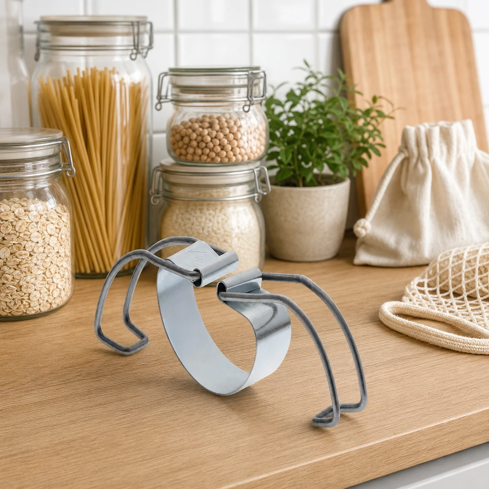 Einkochbügel RR100 Einkochbügel RR100 zwischen nachhaltigen Vorratsgläsern mit Pasta und Hülsenfrüchten in Zero-Waste-Küche