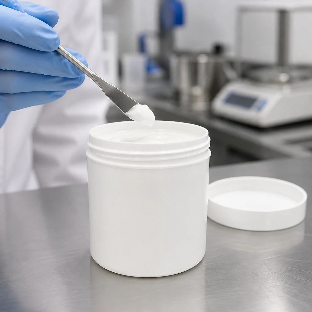 Salbenkruke 30g weiß mit weißem Schraubdeckel (Polypropylen) Weiße PP-Salbenkruke 30ml mit Schraubdeckel für professionelle pharmazeutische Abfüllung im Labor