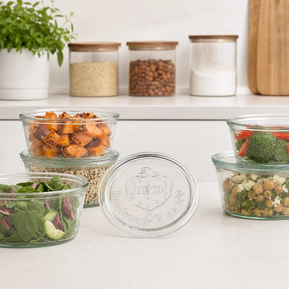 WECK Glasdeckel RR100 für Meal Prep Schalen mit vorbereiteten Salaten und Gemüse in moderner Küche