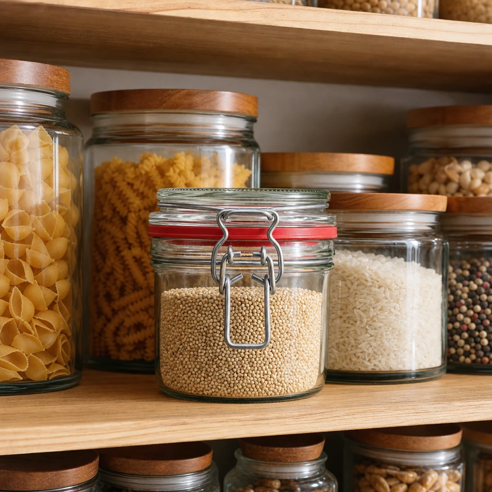 255ml Vorratsglas mit Bügelverschluss in professioneller Pantry-Organisation für Gewerbebetriebe, gefüllt mit Getreide