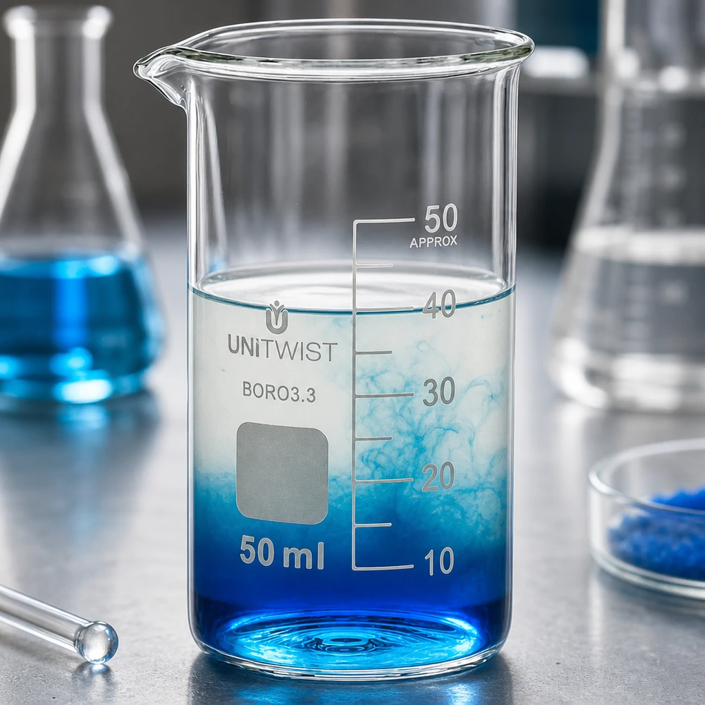 Becherglas 50ml Borosilikat, hohe Form UNiTWIST Becherglas 50ml Borosilikat hohe Form UNITWIST für Labor und Gewerbe mit blauer Lösung
