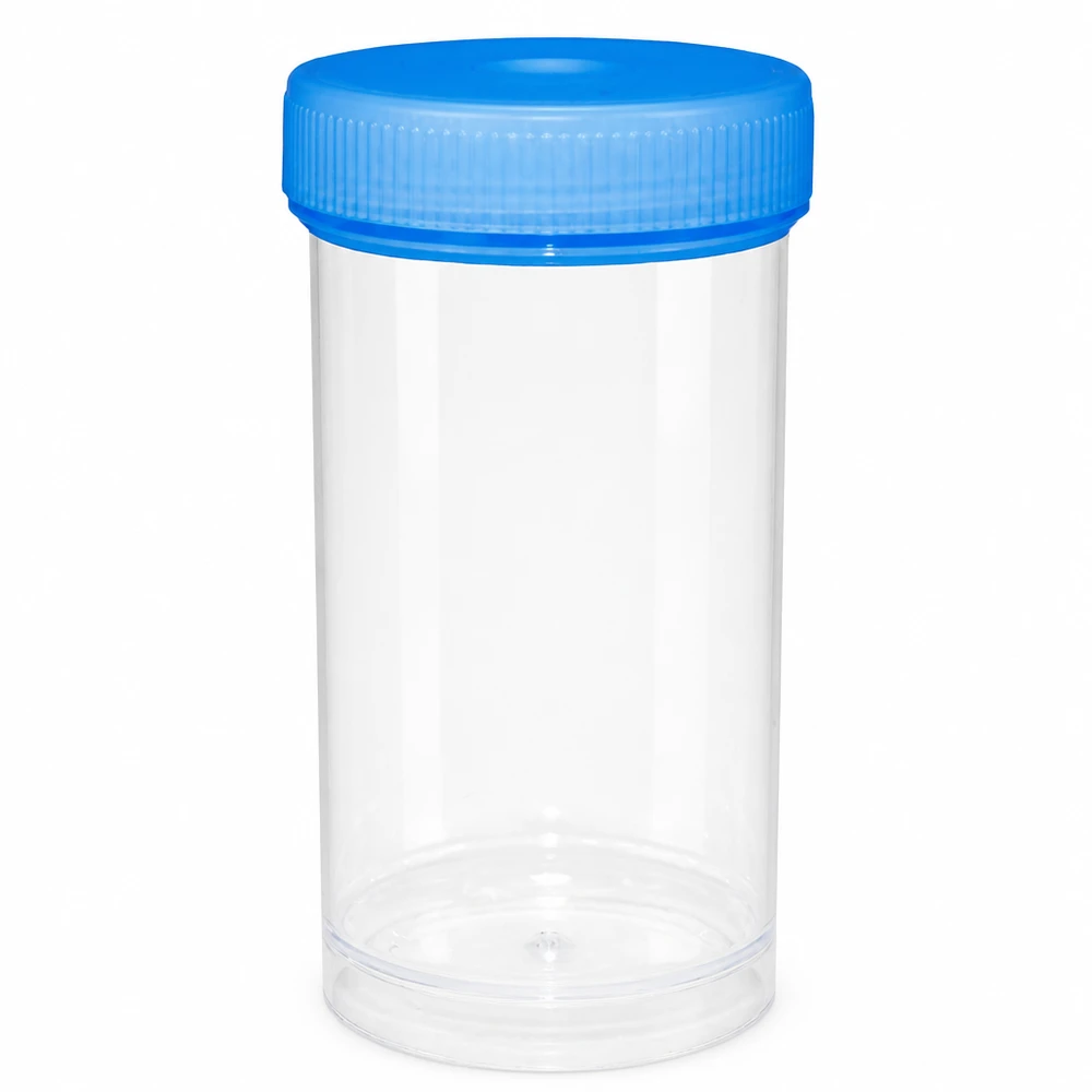 Universal Kunststoffdose (Pathogefäss) 100ml Transparente Kunststoffdose 100ml Pathogefäß mit blauem Schraubdeckel für professionellen Laboreinsatz