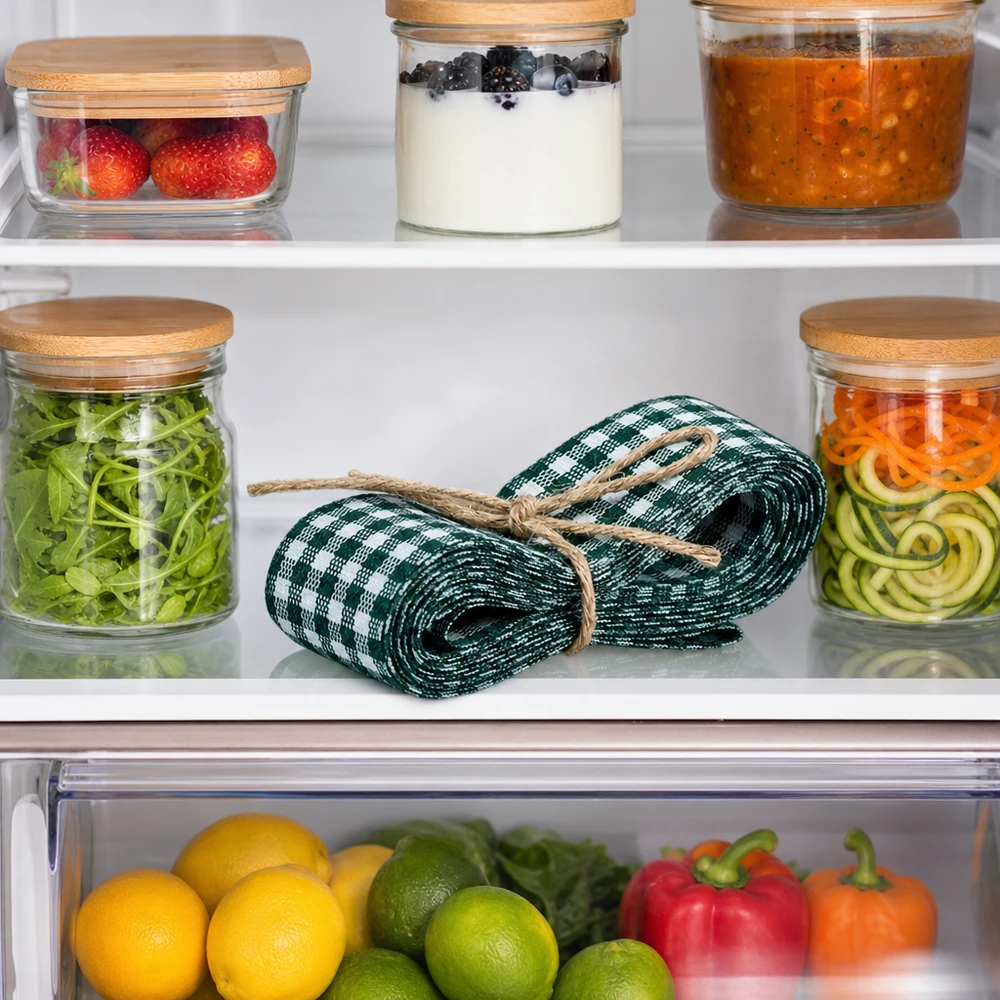 Stoffband grün/weiss zum Dekorieren 300cm Grün-weißes Stoffband 300cm im Kühlschrank zwischen Vorratsgläsern als professionelle Gastro-Dekoration