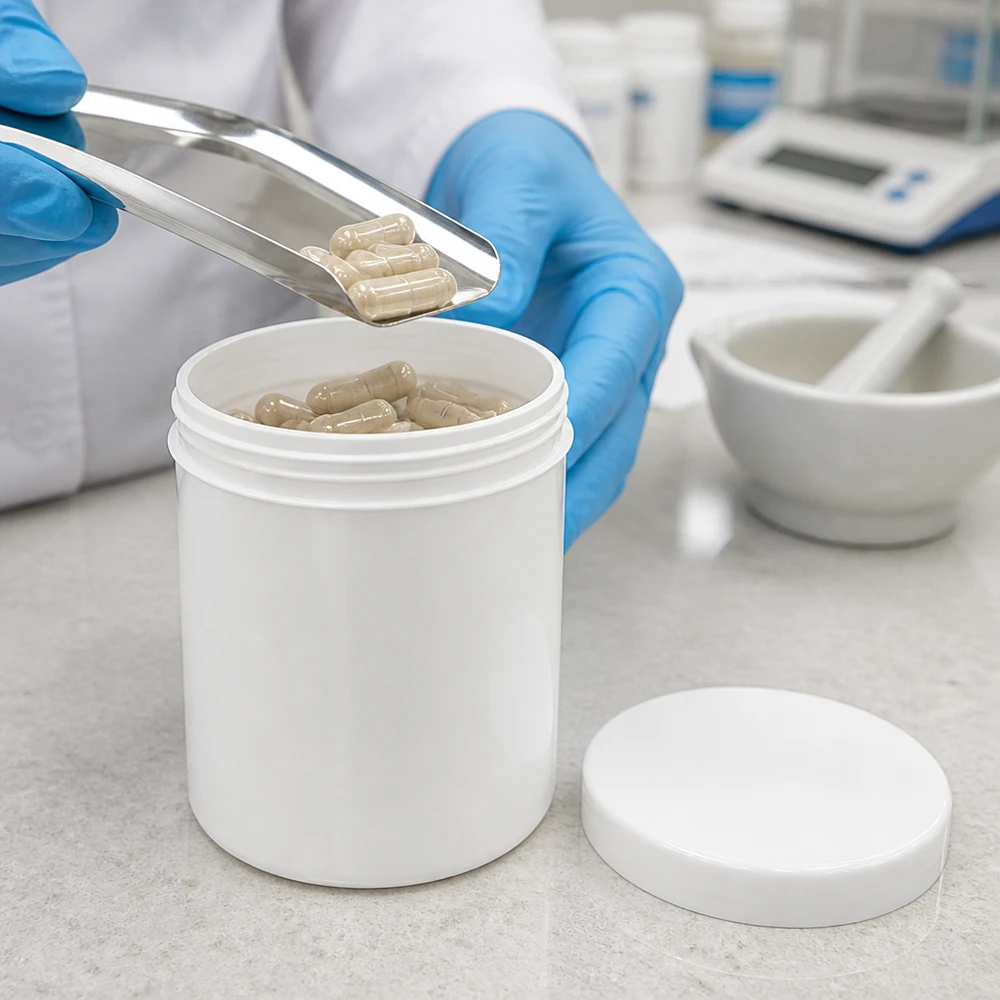 Salbenkruke 20g weiß mit weißem Schraubdeckel (Polypropylen) Weiße PP Salbenkruke 20ml mit Schraubdeckel für pharmazeutische und kosmetische Abfüllung im Labor