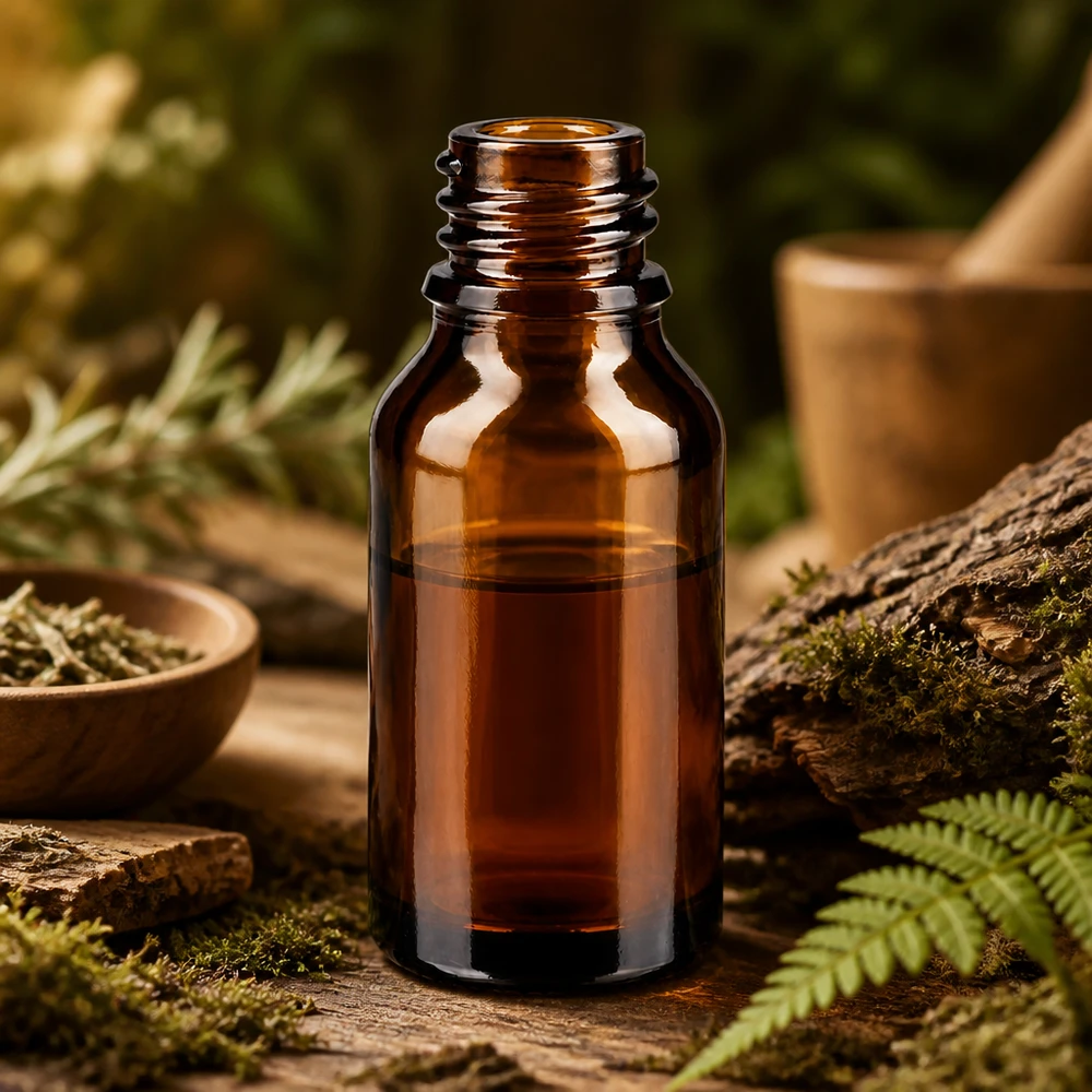 15ml braune Glasflasche ApoGlas in natürlicher Waldkulisse mit Moos Farn und rustikalem Holz für Naturheilkunde