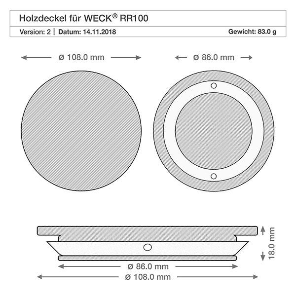 Technische Zeichnung Holzdeckel WECK RR100 mit Maßangaben 108mm 86mm 18mm Gewicht 83g Professionelle Spezifikation