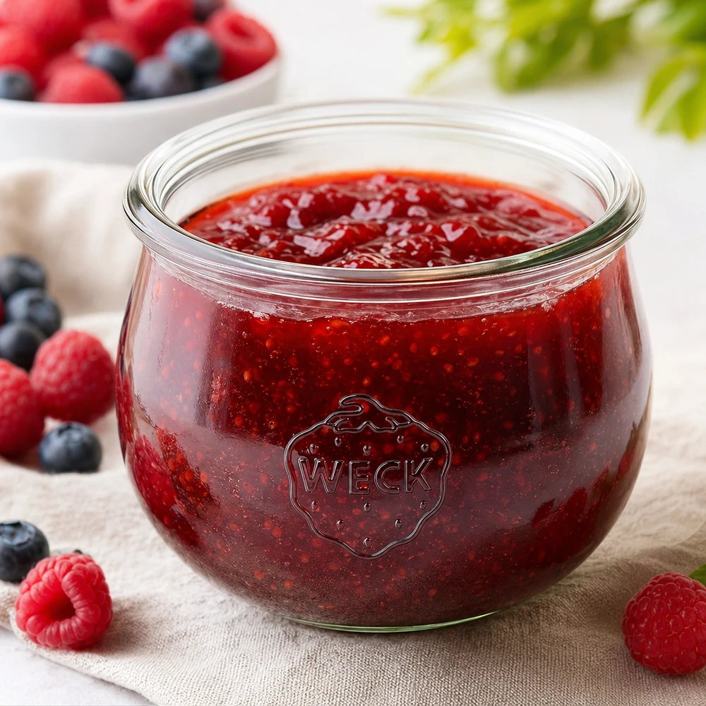 580ml Tulpenglas WECK RR100 WECK Tulpenglas 580ml RR100 mit roter Marmelade gefüllt, umgeben von frischen Beeren auf Holzuntergrund