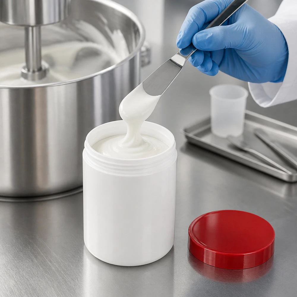 Salbenkruke 500g weiß PP mit rotem Schraubdeckel zur professionellen Abfüllung von Cremes und Salben