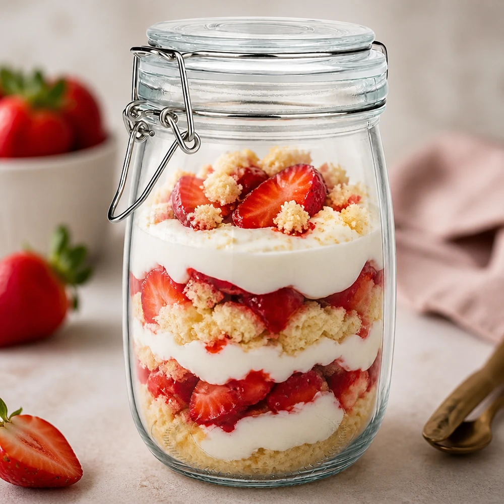 1000ml Vorratsglas mit Bügelverschluss für professionelle Gastronomie - Dessert-Präsentation mit Erdbeeren und Sahne