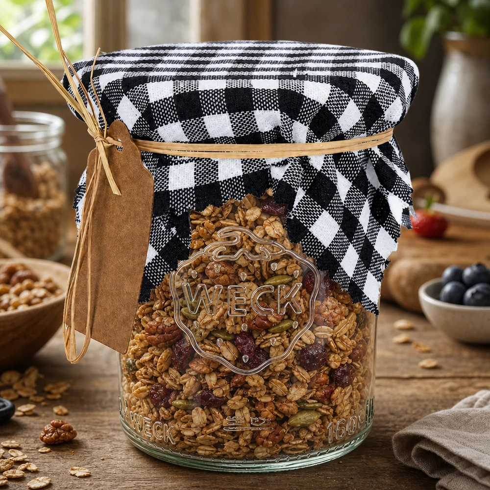 Stoff Schmuckdeckchen schwarz-kariert 12cm eckig Schwarz-weiß kariertes Schmuckdeckchen auf Weckglas mit Müsli, rustikale Küchenaufbewahrung 12cm eckig