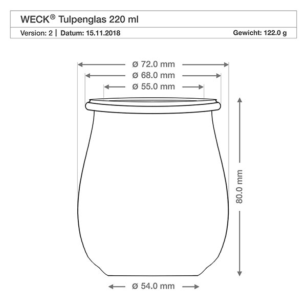 WECK Tulpenglas 220ml RR60 technische Zeichnung mit Maßangaben, Durchmesser und Höhe in Millimetern