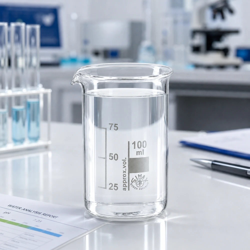 Becherglas 100ml Borosilikatglas, hohe Form Becherglas 100 ml Borosilikatglas hohe Form im Labor auf weißer Arbeitsfläche mit Messskala