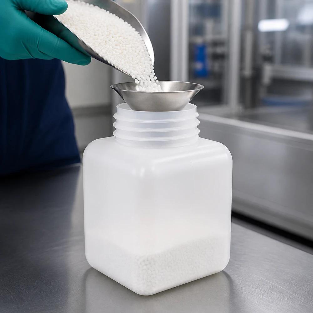 Chemikalienflasche 500ml Weithals PE-HD naturfarbig für professionelle Laborbefüllung mit Granulat