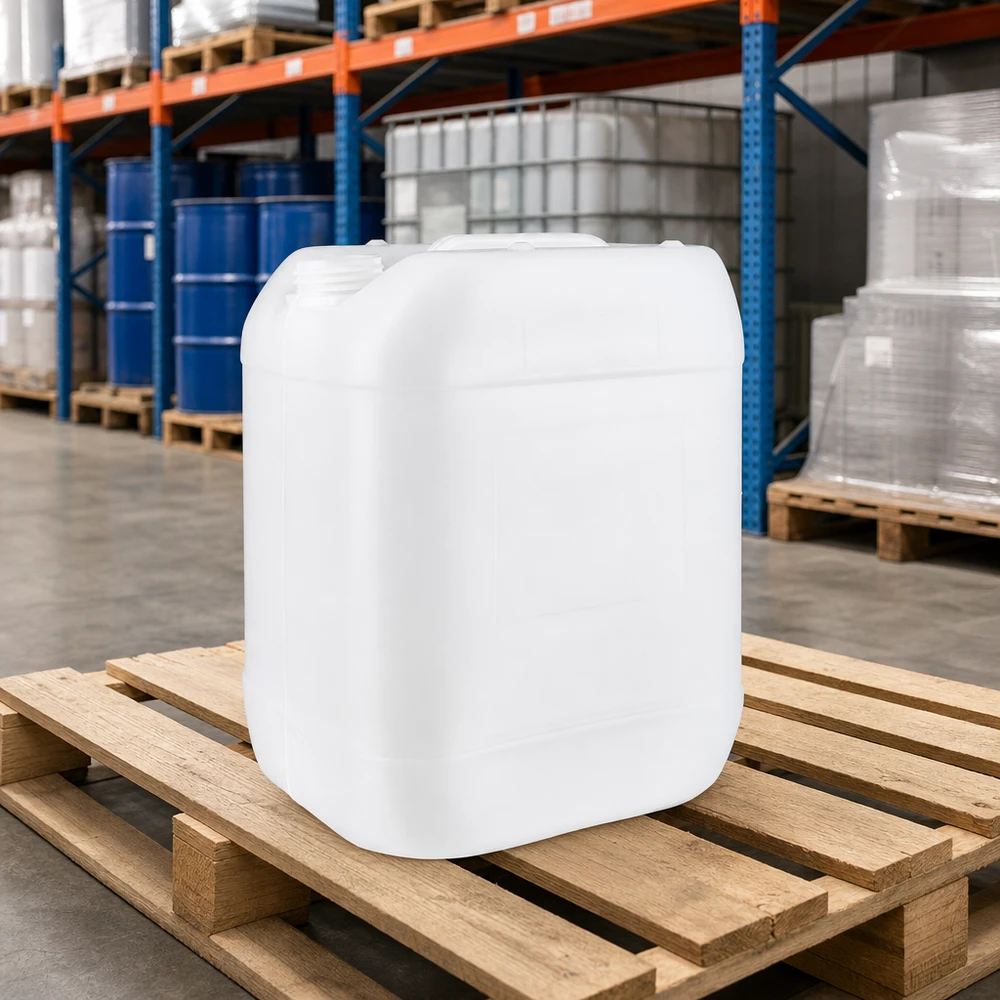 Weißer 20 Liter HDPE Kanister ohne Verschluss auf Holzpalette im Industrielager
