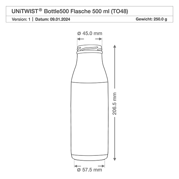 Technische Zeichnung 500ml Glasflasche TO48 UNiTWIST mit Maßangaben: 205,5mm Höhe, 57,5mm Durchmesser, 250g Gewicht