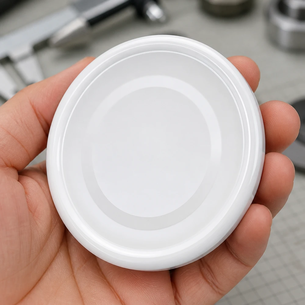 48mm BasicSeal Twist-Off Deckel TO48 in Weiß für gewerbliche Abfüllung Einzelansicht in Hand