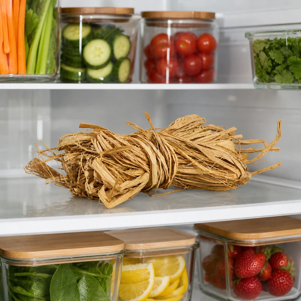 Naturbast 30g goldbeige in Kühlschrank gelagert neben Gemüse zeigt praktische Aufbewahrung für Bastelmaterial