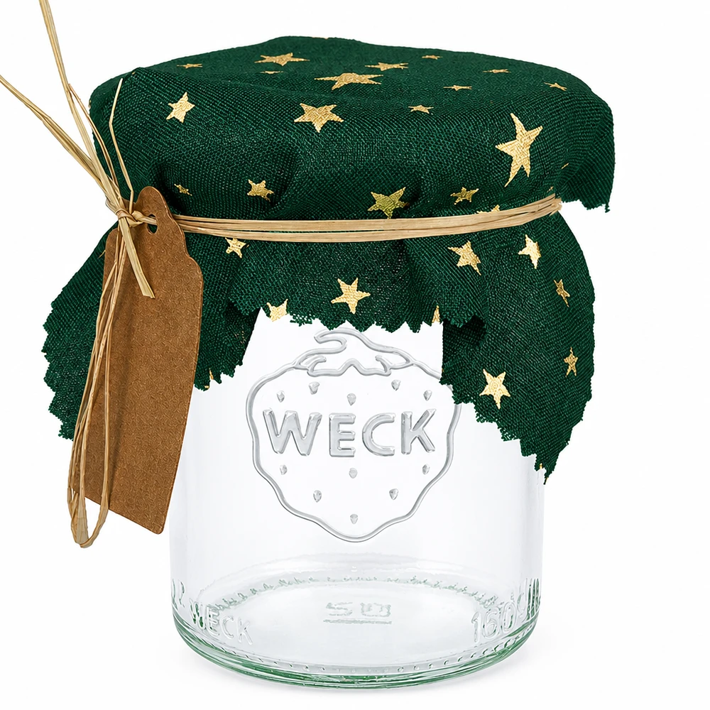 Stoff Schmuckdeckchen grün "Sterne" 12cm eckig Grünes Stoffdeckchen mit goldenen Sternen auf Weck-Glas, quadratisch 12cm, Schmuckdeckchen für Einmachgläser
