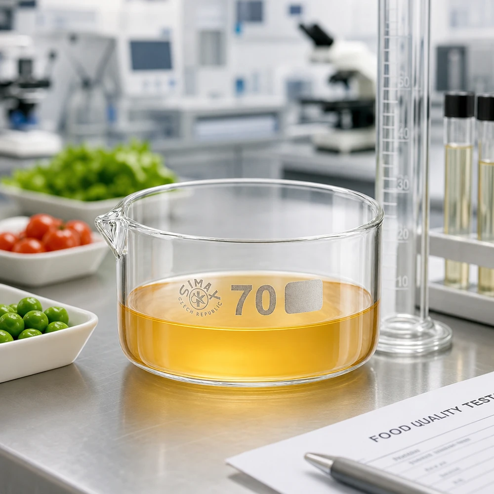100ml Kristallisierschale mit Ausguss Borosilikat ø70mm Kristallisierschale 100ml Borosilikatglas ø70mm mit Ausguss für professionelle Lebensmittelanalyse im Labor