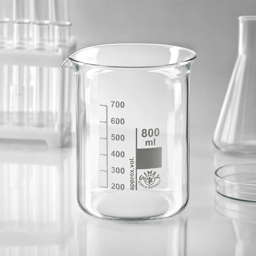 Becherglas 800ml Borosilikatglas, niedrige Form Becherglas 800ml aus Borosilikatglas niedrige Form für professionelle Laboranwendungen und gewerblichen Einsatz