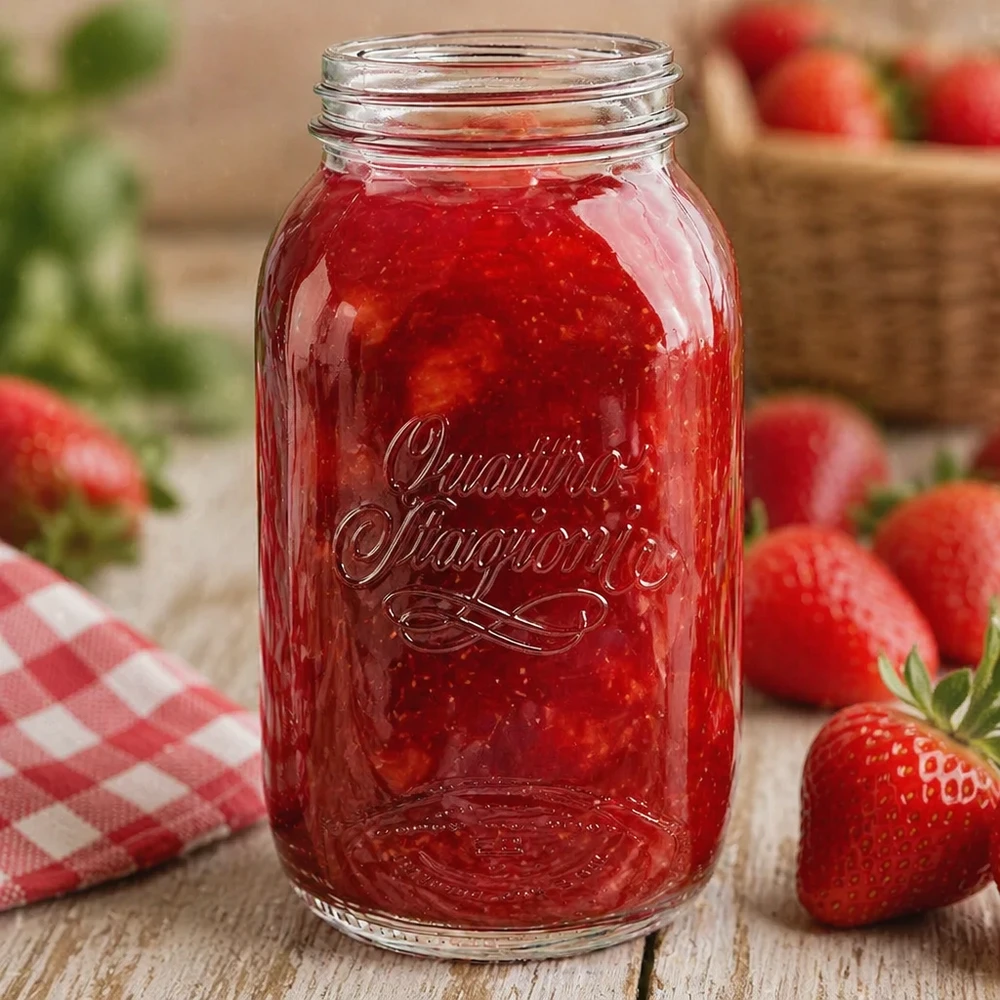 1500ml Quattro Stagioni Haushaltsglas mit Erdbeerkonfitüre gefüllt umgeben von frischen Erdbeeren auf Holztisch