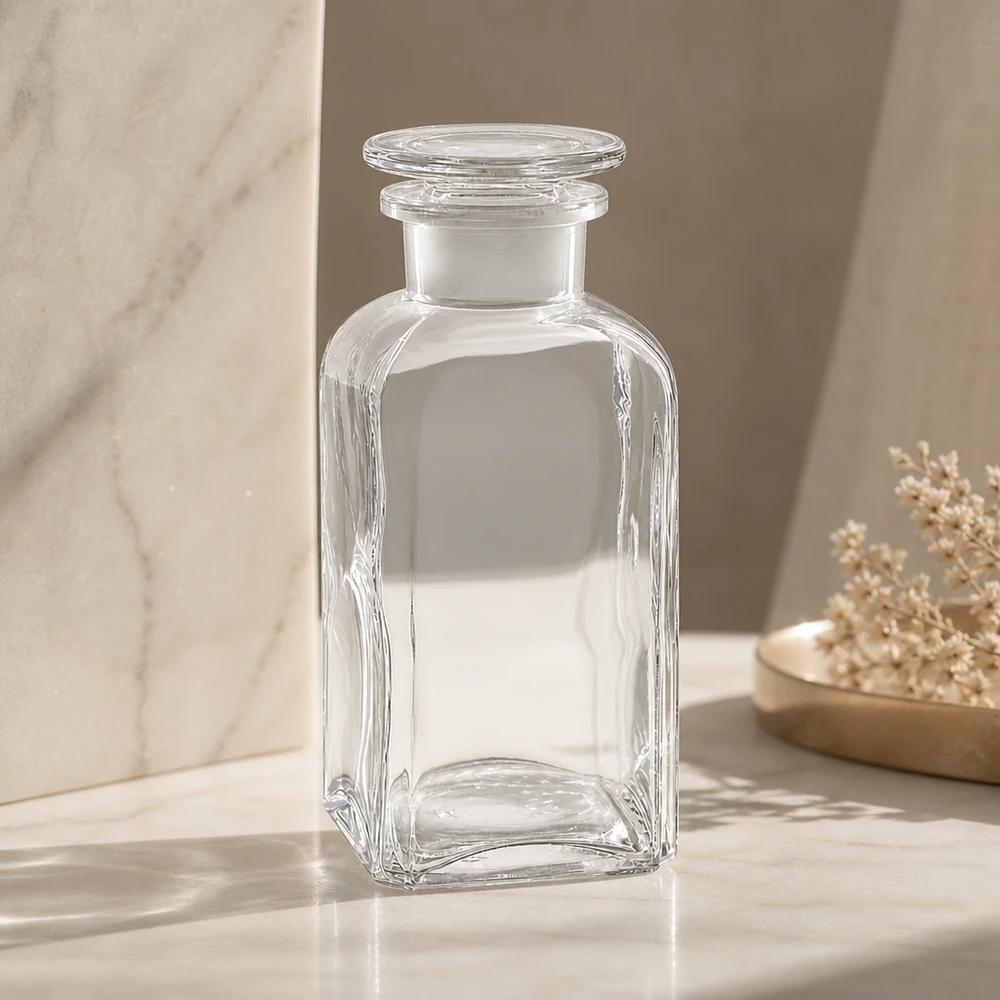 Vierkantflasche 350ml klar Weithals Glasstopfen Vierkantflasche 350ml Klarglas mit Glasstopfen Weithals für gewerbliche Abfüllung und Lagerung