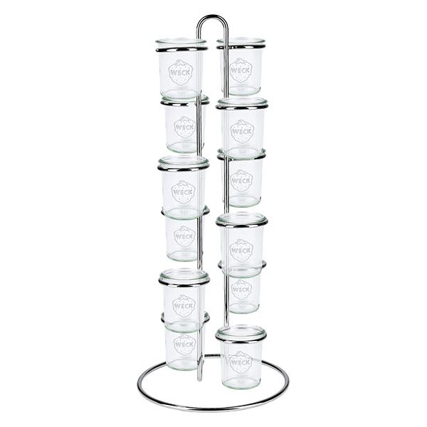 Serviergestell Vertico12 für 12 WECK Sturzgläser Vertikaler Glashalter mit 12 WECK Gläsern bestückt zeigt praktische Aufbewahrung und platzsparende Organisation