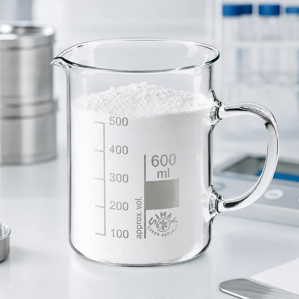 Becherglas 600ml Borosilikatglas mit Henkel gefüllt mit weißem Pulver im Labor