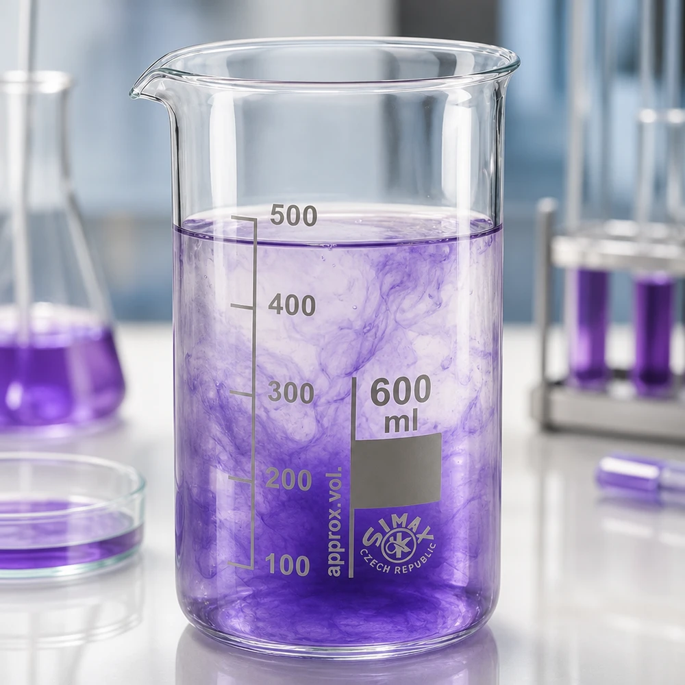Becherglas 600ml hohe Form aus Borosilikatglas mit lila Lösung im Labor von Simax Czech Republic