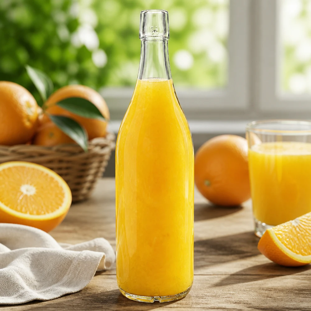 1000ml Glasflasche ohne Bügelverschluss UNiTWIST® Glasflasche 1000ml UNiTWIST mit Orangensaft befüllt frische Orangen Küchentisch natürliches Licht gesund