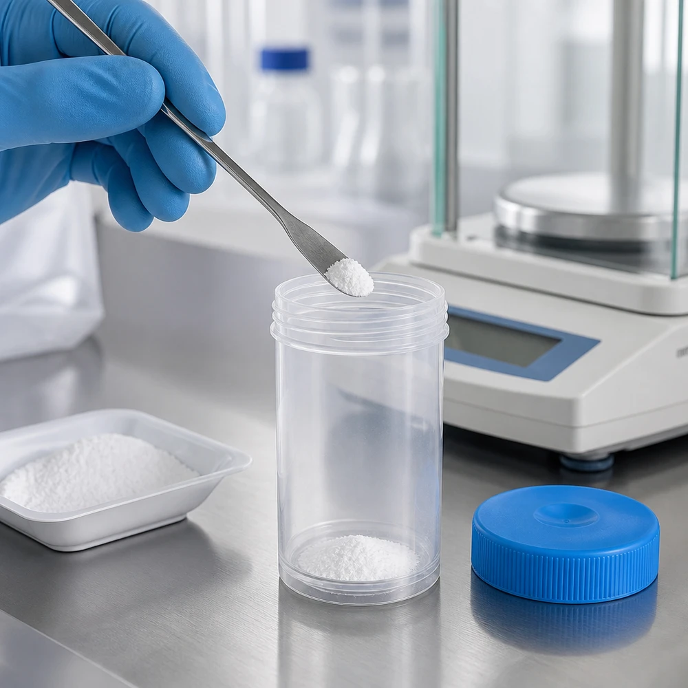 Kunststoffdose 50ml mit blauem Deckel für Laborproben auf Analysewaage im professionellen Einsatz