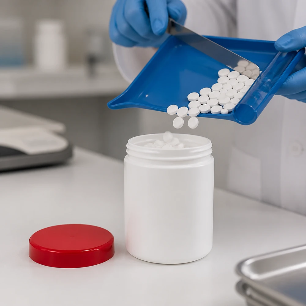 Salbenkruke 100g weiß PP-Kunststoff mit rotem Schraubdeckel für pharmazeutische Abfüllung im Labor