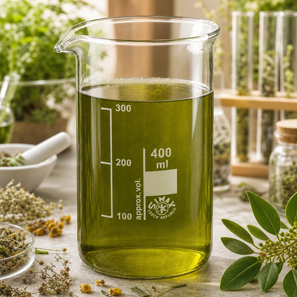 Becherglas 400ml hohe Form aus Borosilikatglas mit grüner Flüssigkeit für professionelle Laboranwendungen