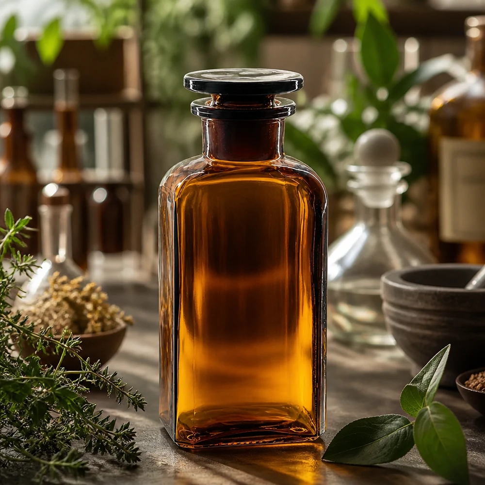 Braune Vierkantflasche 250ml Weithals mit Glasstopfen für professionellen Einsatz im Fachhandel