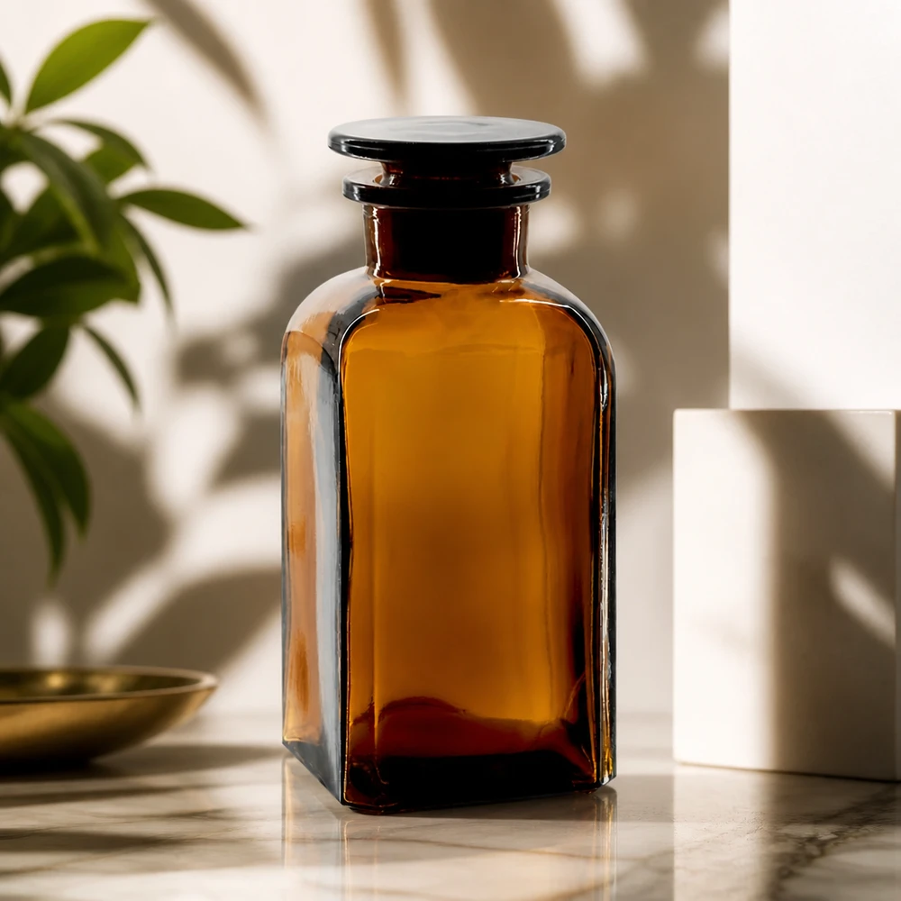 Vierkantflasche 350ml braun Weithals Glasstopfen Braune Vierkantflasche 350ml Weithals mit Glasstopfen aus Apothekerglas für gewerblichen Einsatz