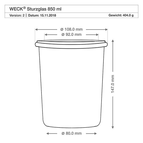 Technische Zeichnung WECK Sturzglas 850ml RR100 mit Maßangaben und Spezifikationen für gewerbliche Anwendung
