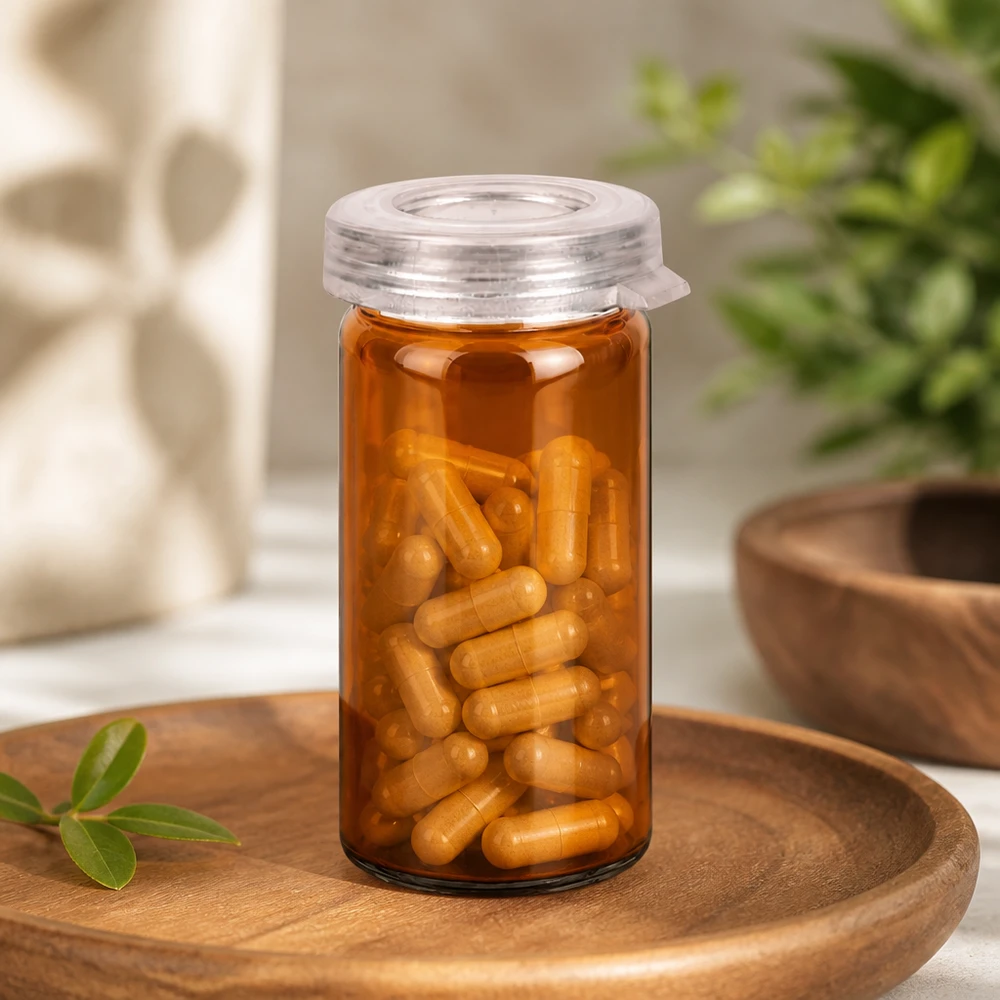 Klares Rollrandglas 5ml mit Schnappdeckel gefüllt mit Kapseln professionelle Pharmaverpackung