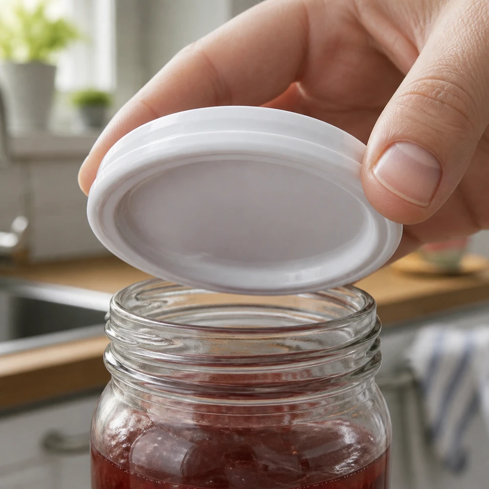UNiTWIST TO82 BioSeal BPA-NI weißer Twist-Off-Deckel wird auf Einmachglas mit Fruchtkonserve aufgesetzt