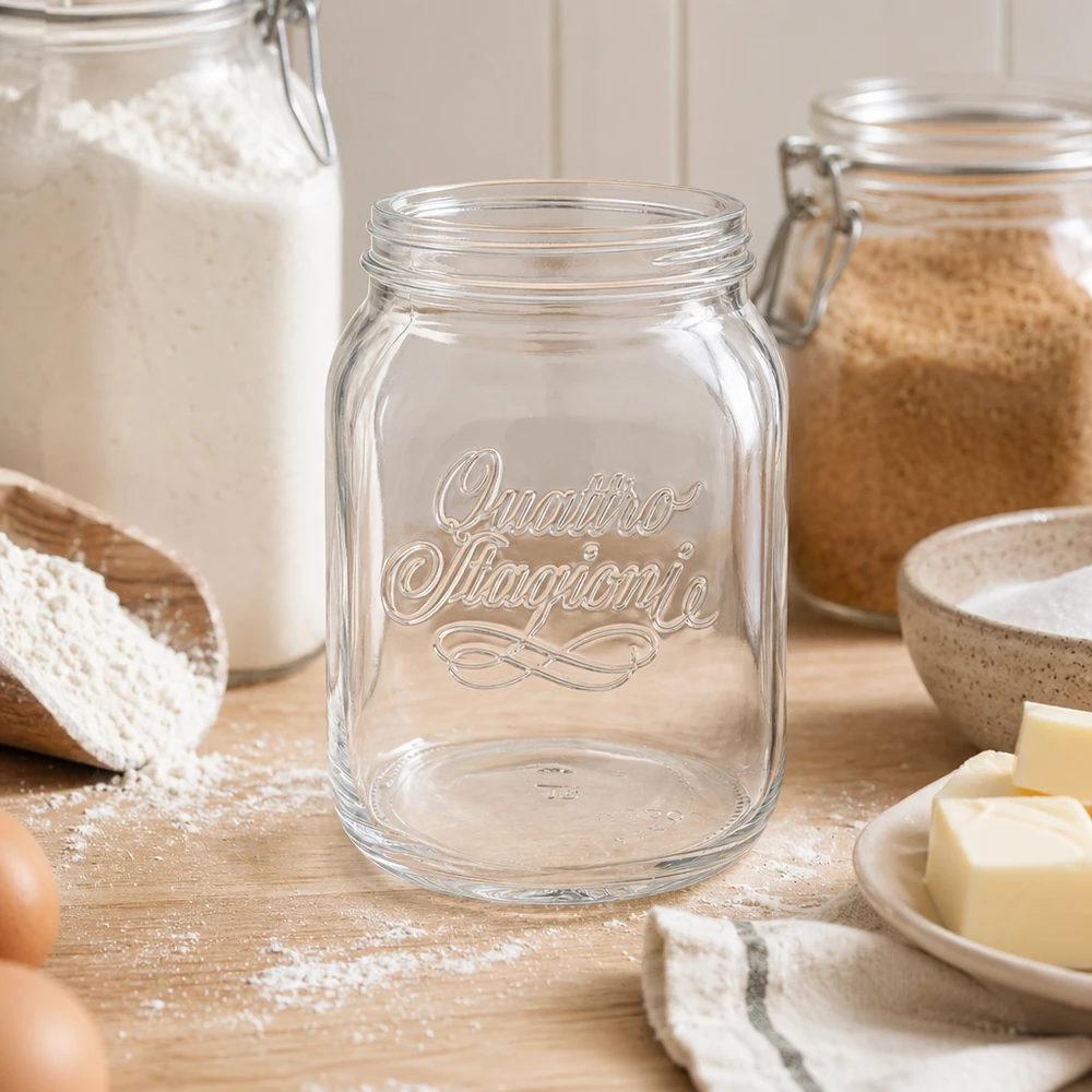 2000ml Quattro Stagioni Haushaltsglas für professionelle Küchen mit Relief-Prägung auf Holzarbeitsfläche zwischen Backzu