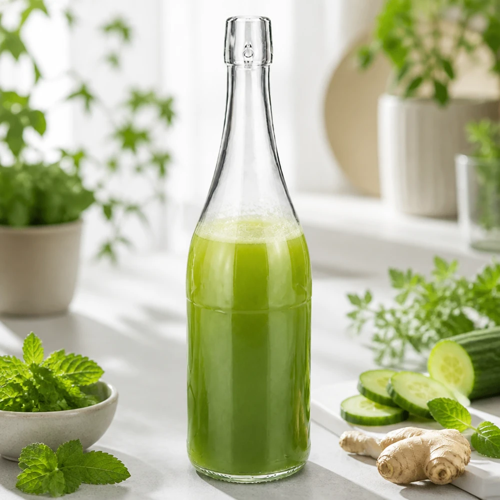 750ml Glasflasche ohne Bügelverschluss UNiTWIST® 750ml UNiTWIST Glasflasche mit grünem Smoothie befüllt zwischen frischen Kräutern Gurken Ingwer gesunde Ernährung