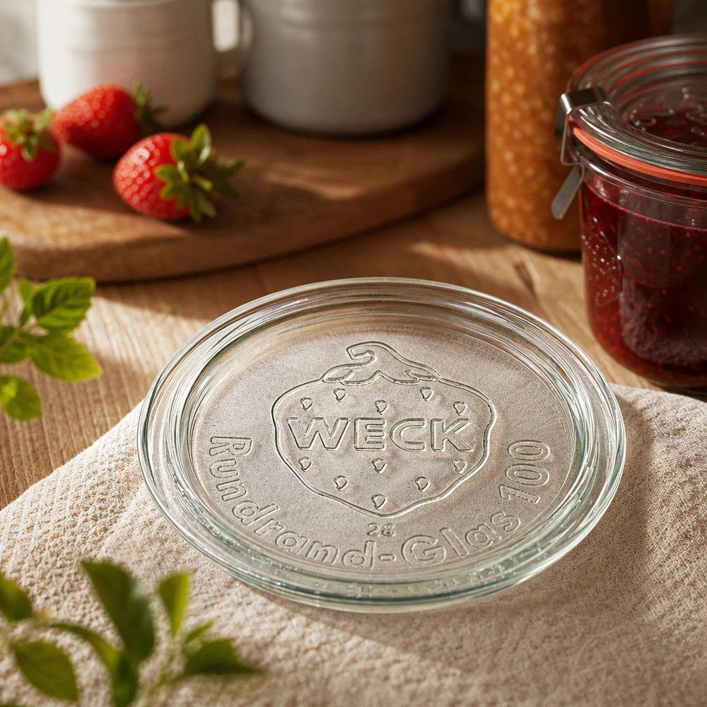 WECK Glasdeckel RR100 Detailaufnahme mit geprägtem Markenlogo auf Küchentuch neben Erdbeermarmelade im Glas