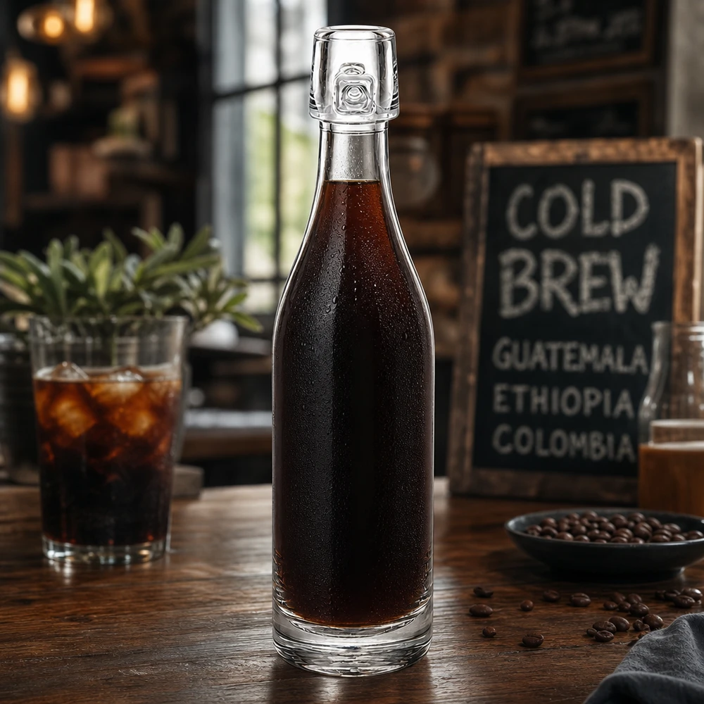 50ml Glasflasche ohne Bügelverschluss UNiTWIST® 50ml Glasflasche UNiTWIST mit Cold Brew Kaffee befüllt auf Holztisch mit Kaffeebohnen und Glas