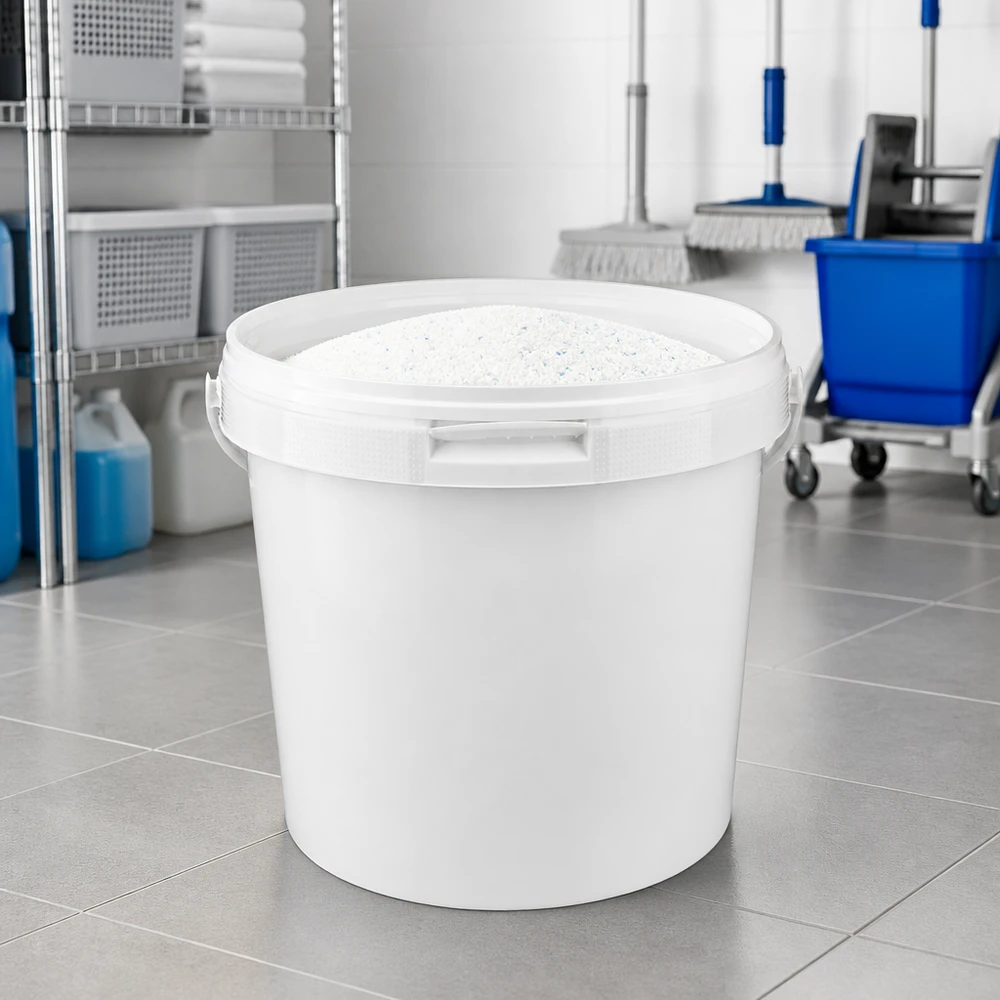 Eimer 5.6L aus weißem Kunststoff Polypropylen mit Deckel Weißer Kunststoffeimer 5,6L aus PP mit Deckel für professionellen Einsatz im Reinigungsbereich