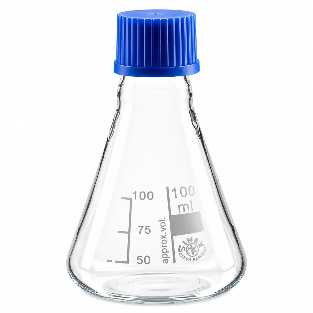 Erlenmeyerkolben 100ml Glas mit blauer Schraubkappe für Labor und Industrie - professionelle Laborausstattung